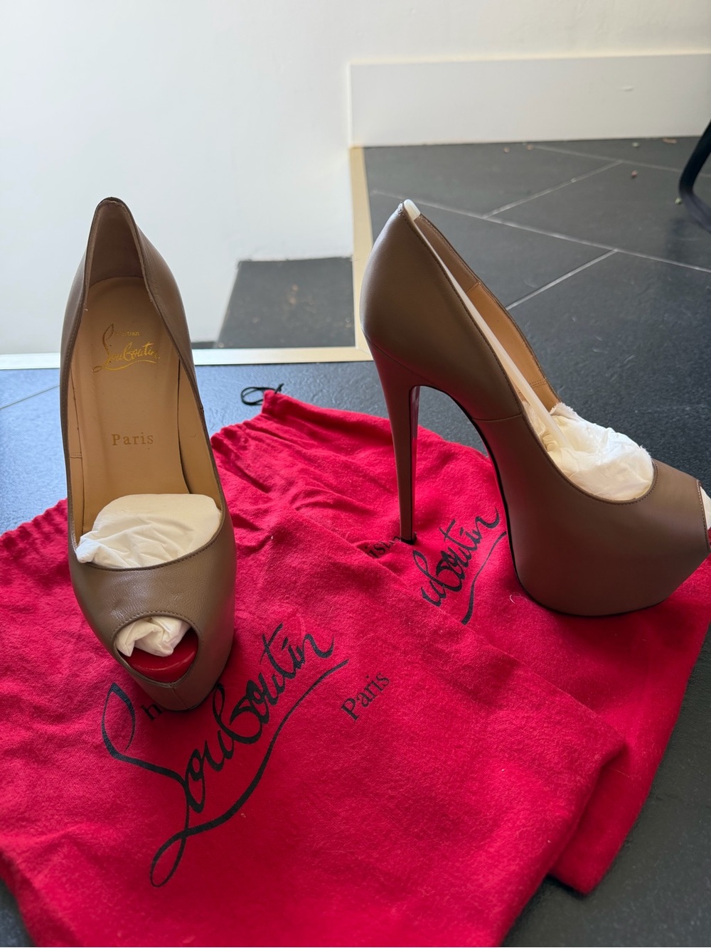 Christian Louboutin Brown Peep-Toe Platform Stiletto Pumps